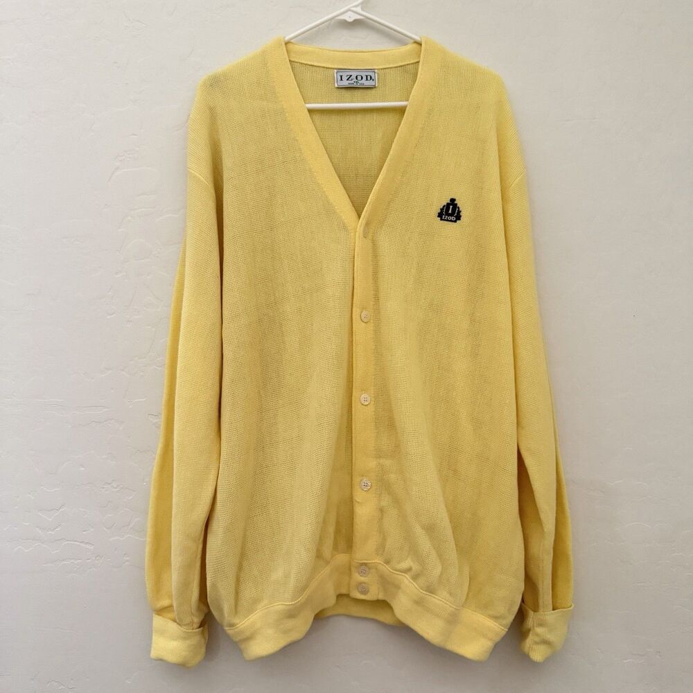 Vintage IZOD Cardigan Sweater XXL Yellow Made USA Button Front Preppy Grandpa